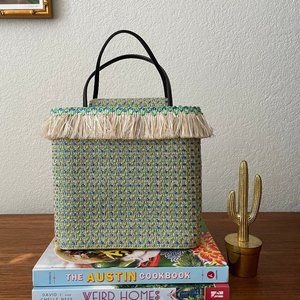 Rafe NY Blue and Green Straw Top-Handle Tote